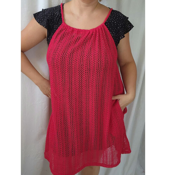 C&C California Cover-Up crochet Mini Dress Swimwear Size M NWT red pockets sheer - Picture 11 of 12